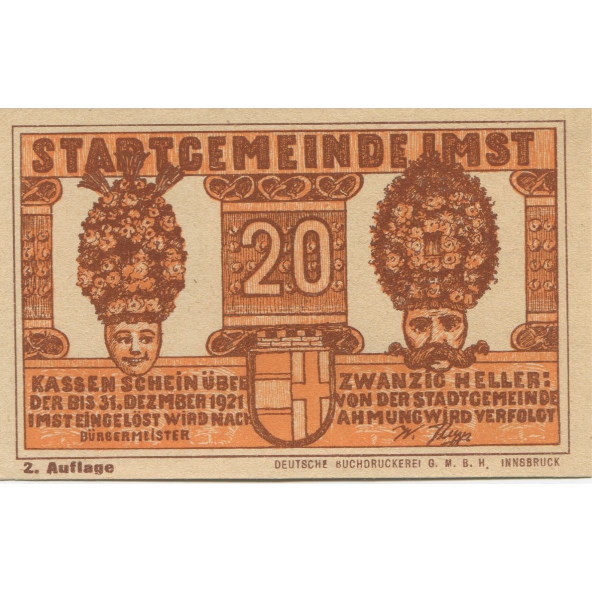 Billet, Autriche, Imst, 20 Heller, Blason, 1920, 1920-12-31, SPL, Mehl:FS 405a