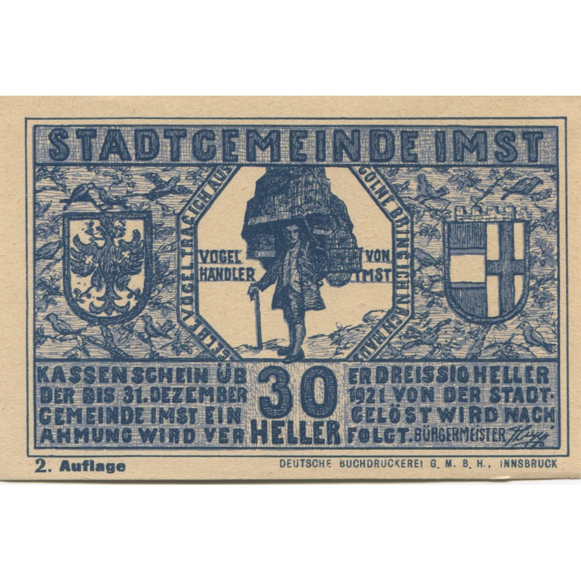 Billete, Austria, Imst, 30 Heller, personnage 1920-12-31, SC Mehl:FS 405a