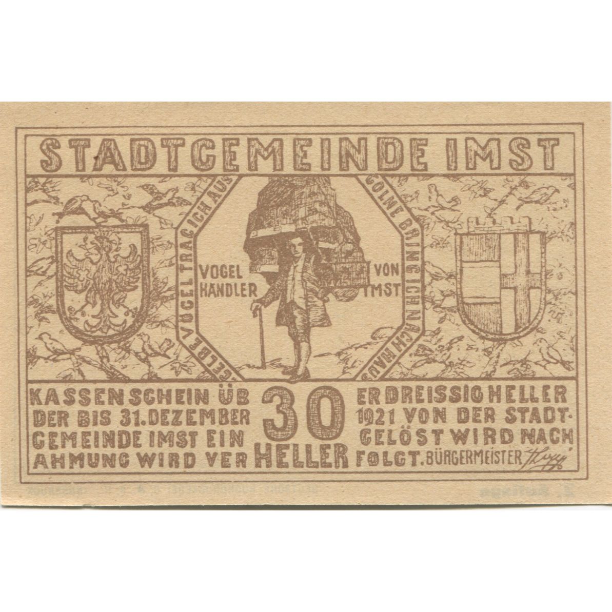 Billete, Austria, Imst, 30 Heller, personnage 1920-12-31, SC Mehl:FS 405a