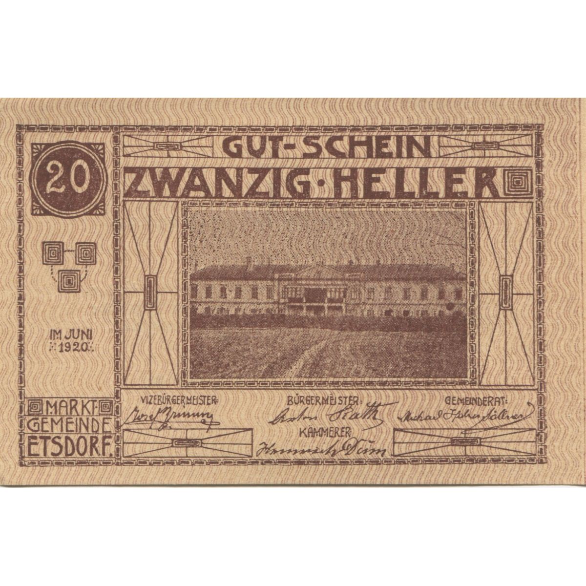 Billet, Autriche, Etsdorf, 20 Heller, château 1920-12-31, SPL Mehl:FS 190a