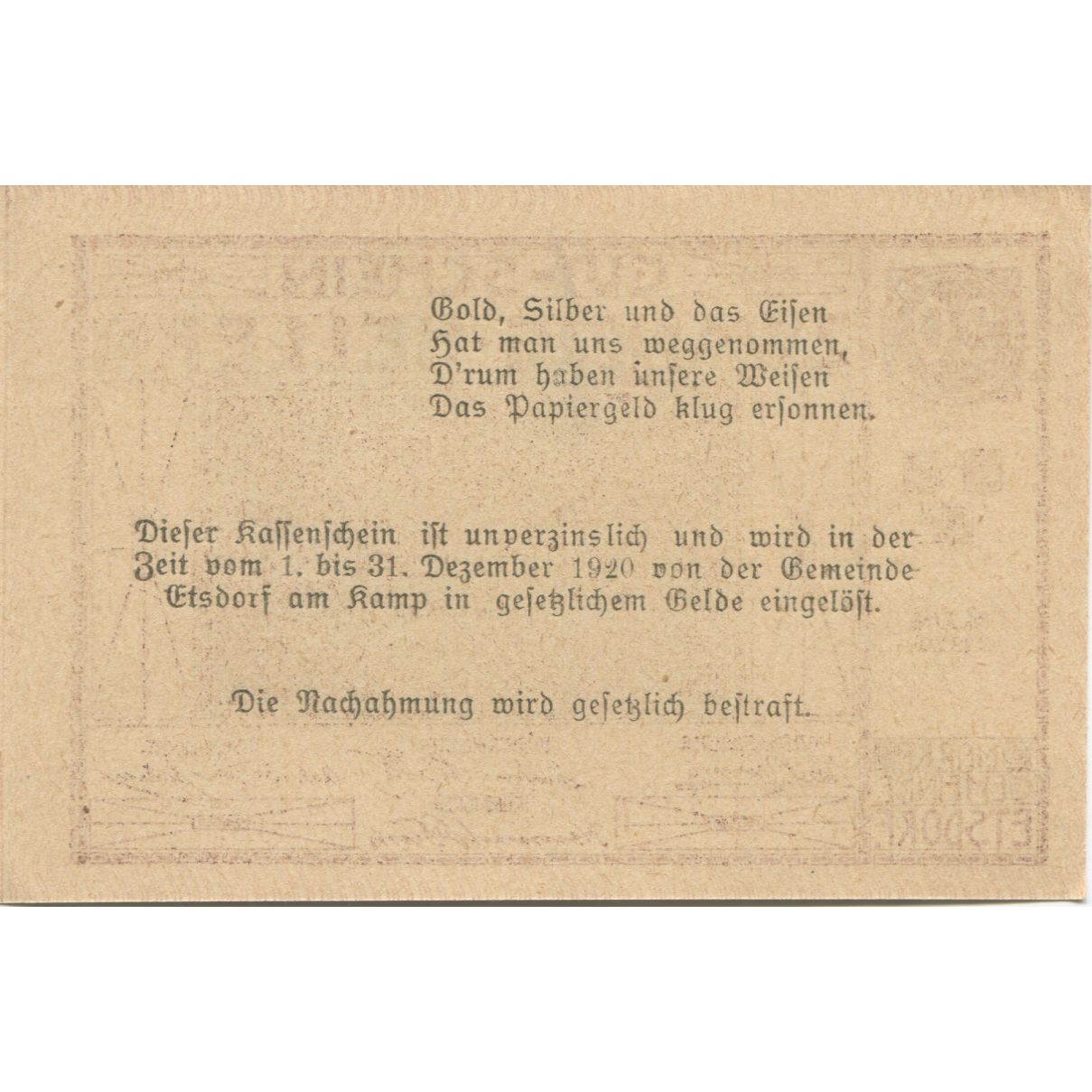 Billet, Autriche, Etsdorf, 20 Heller, château 1920-12-31, SPL Mehl:FS 190a