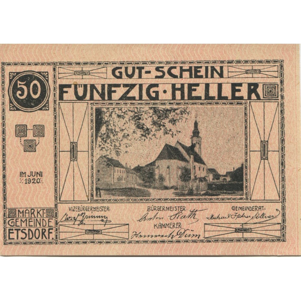 Billet, Autriche, Etsdorf, 50 Heller, Eglise 1920-12-31, SPL Mehl:FS 190a