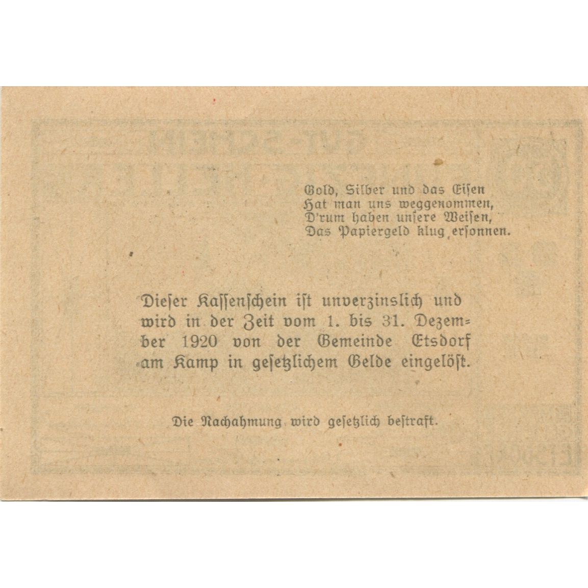 Billet, Autriche, Etsdorf, 50 Heller, Eglise 1920-12-31, SPL Mehl:FS 190a