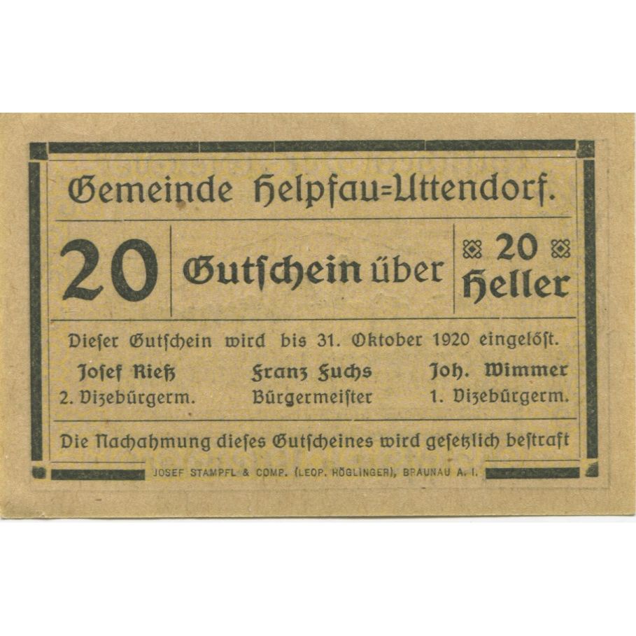 Banknote, Austria, Helpfau, 20 Heller, village, 1920 UNC(63) Mehl:FS 365Ib