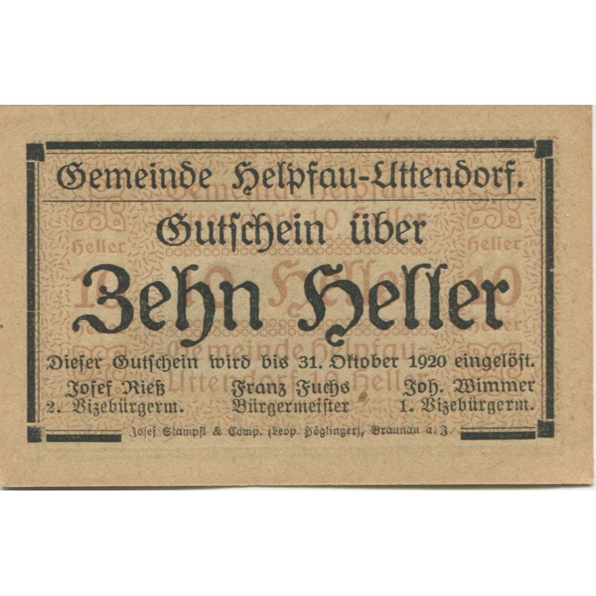 Billete, Austria, Helpfau, 10 Heller, paysage 1920-12-31, SC Mehl:FS 365Ia