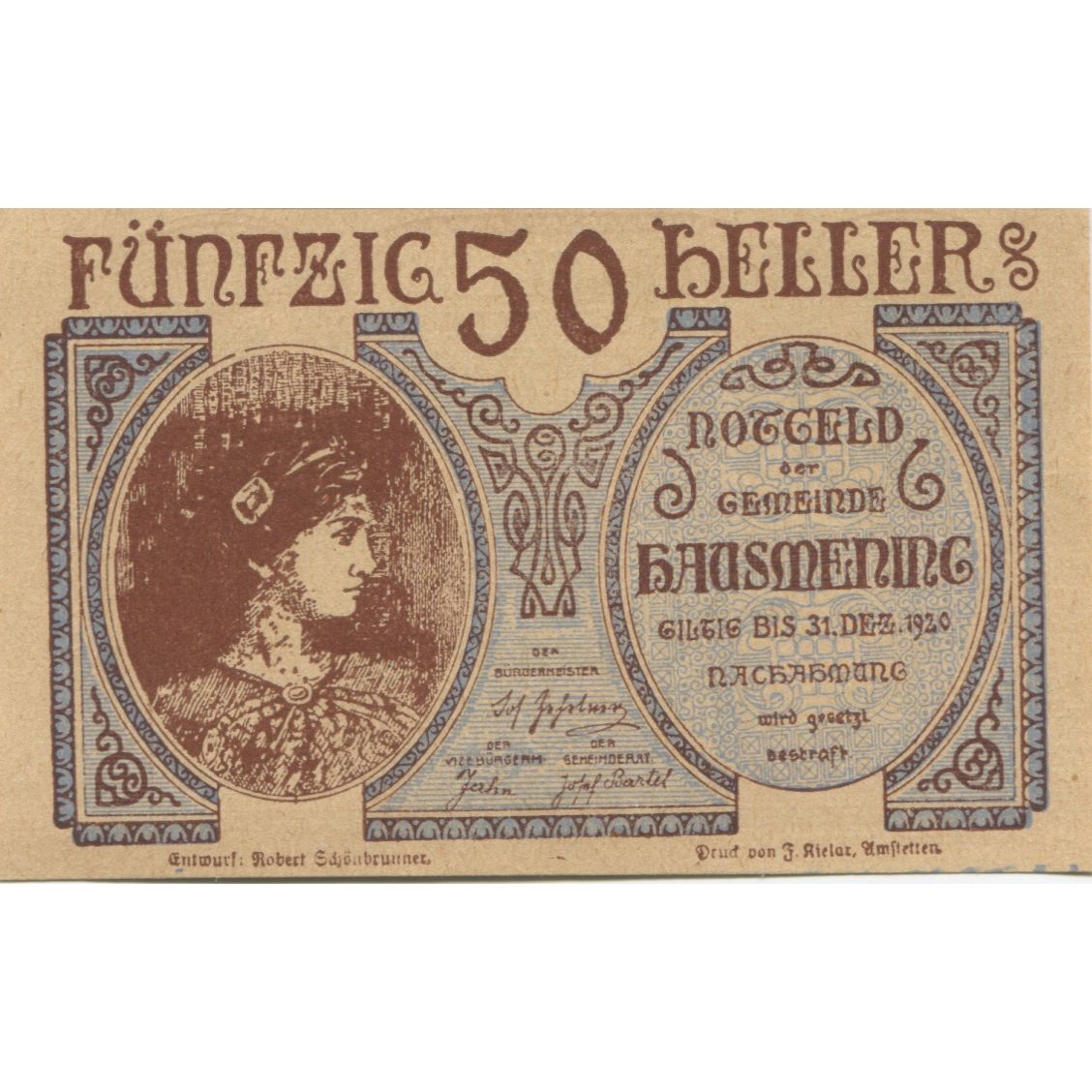 Billete, Austria, Hausmening, 50 Heller, portrait 1920-12-31, SC, Mehl:FS 358Ia