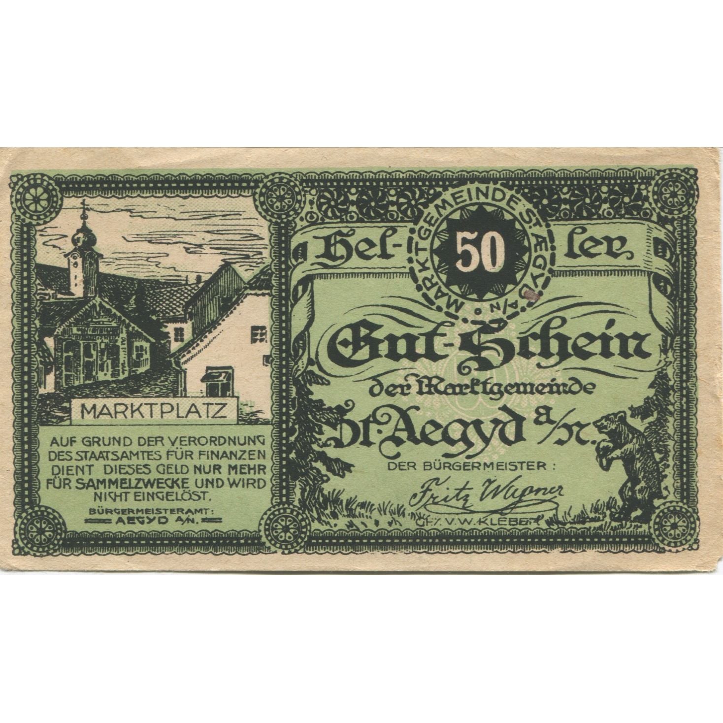 Billete, Austria, Aegyd, 50 Heller, village, 1920, SC, Mehl:FS 876a