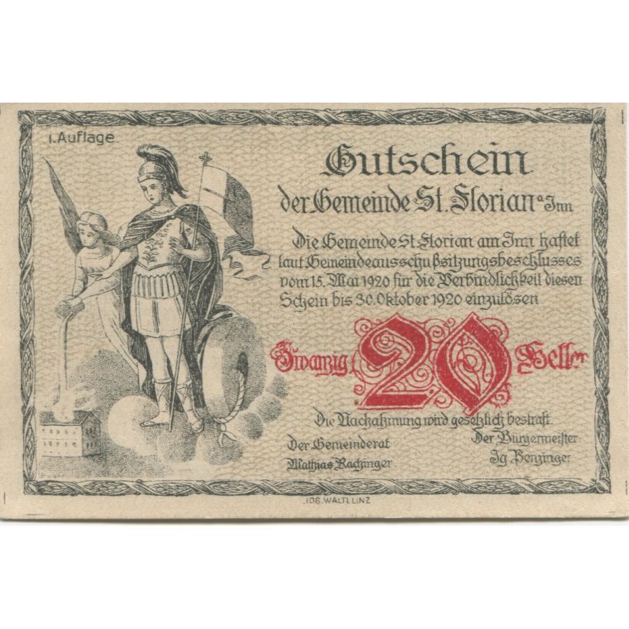 Banknote, Austria, St Florian, 20 Heller, personnage, 1920 UNC(63) Mehl:FS 881a