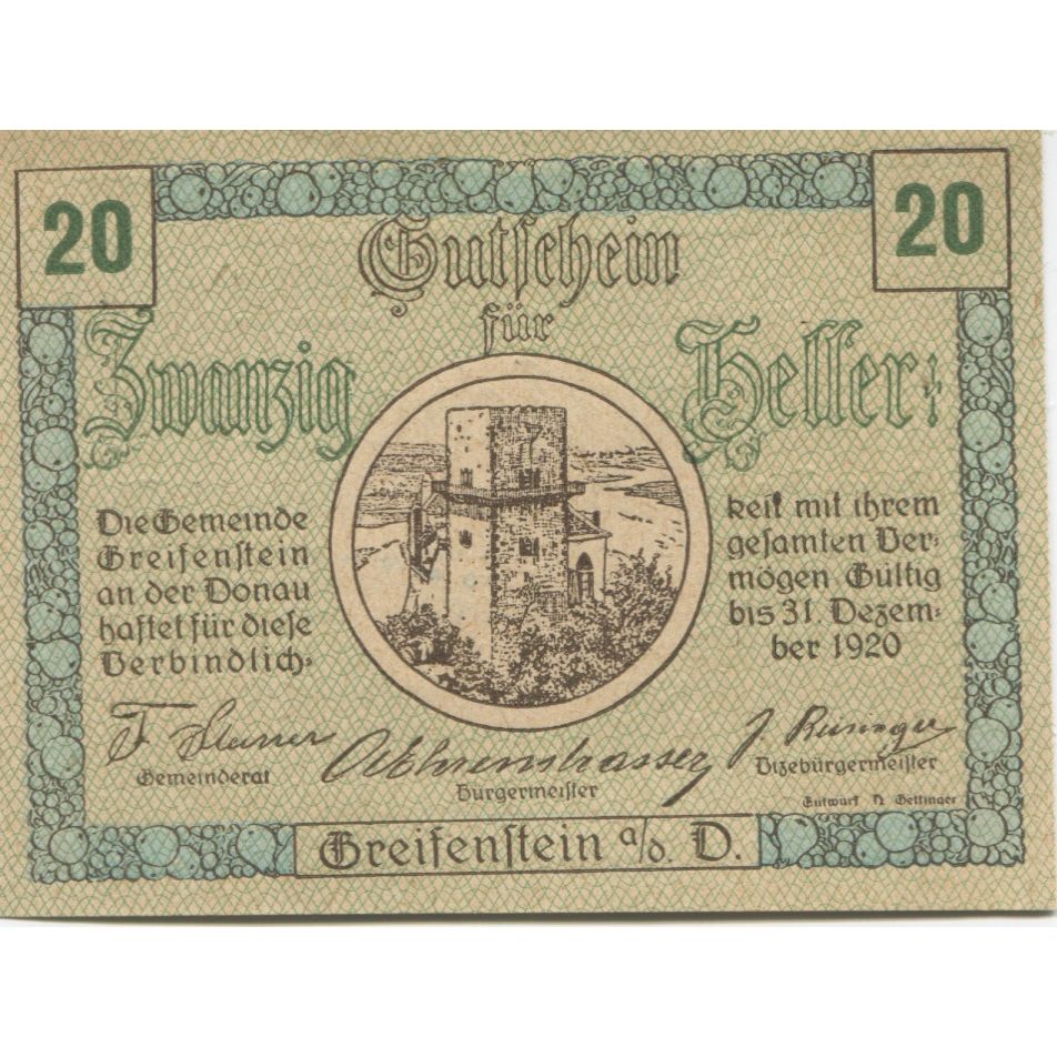 Billete, Austria, Greifenstein, 20 Heller, château, 1920 SC Mehl:FS 275a