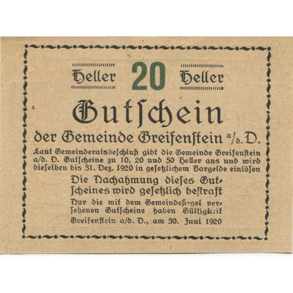 Billete, Austria, Greifenstein, 20 Heller, château, 1920 SC Mehl:FS 275a