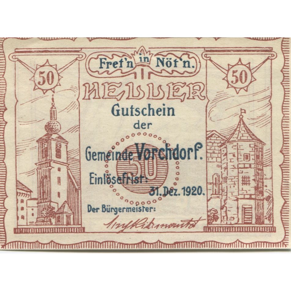 Banknote, Austria, Vorchdorf, 50 Heller, Eglise, 1920 UNC(63) Mehl:FS 1119a