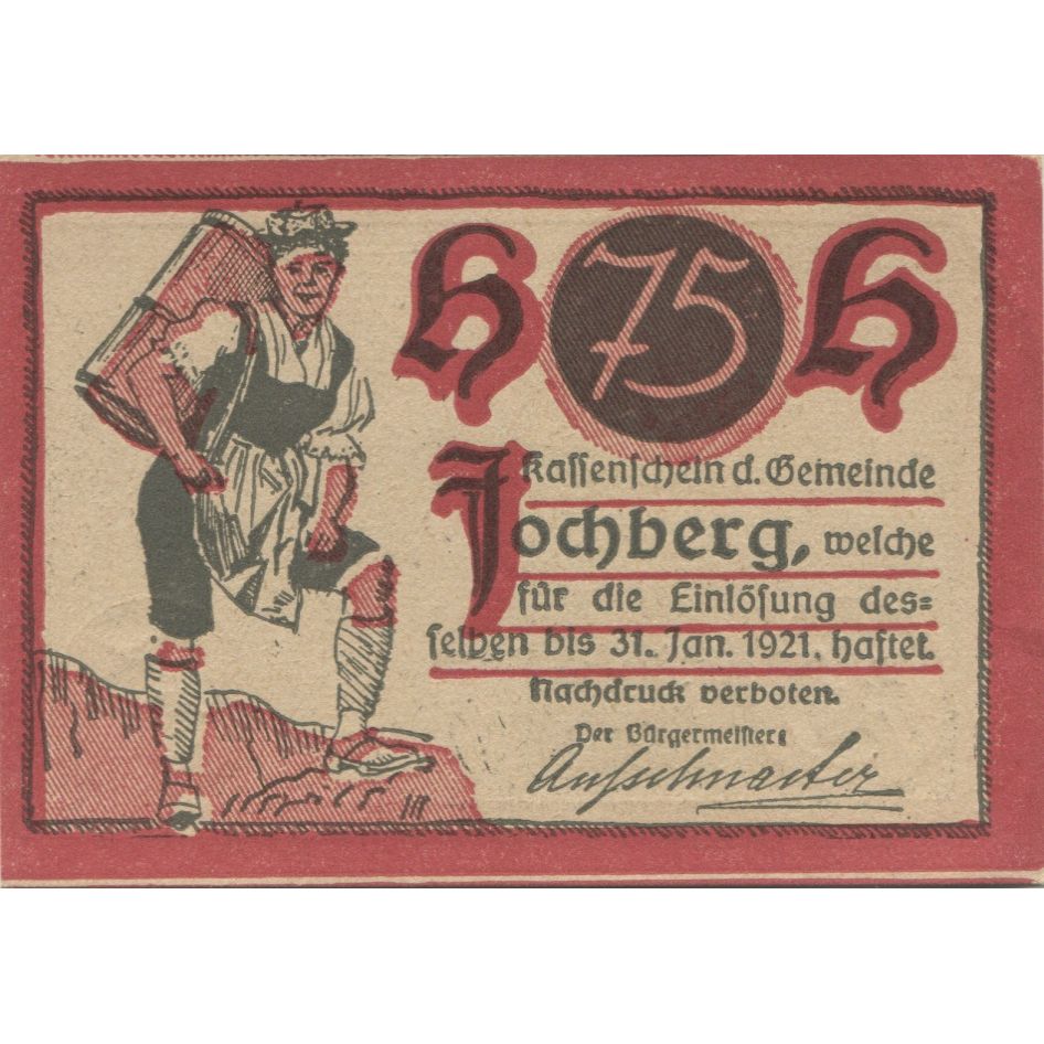 Banknote, Austria, Jochberg, 75 Heller, montagne, 1921 UNC(63) Mehl:FS 419c