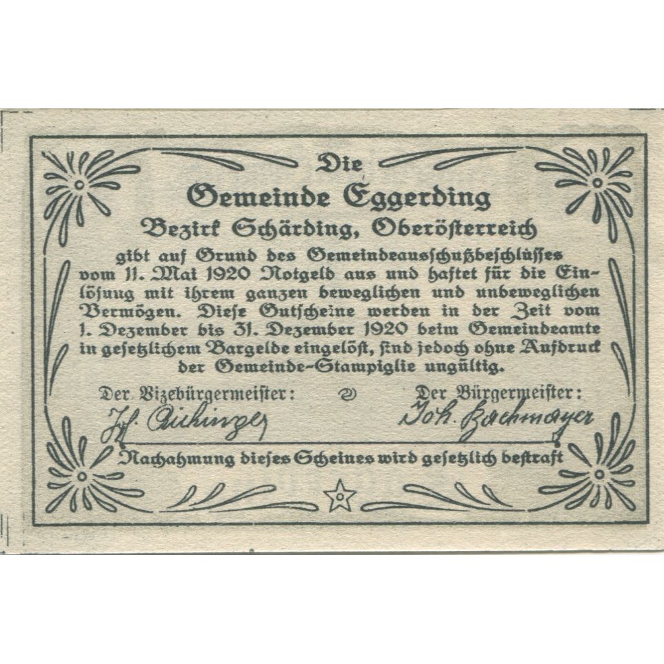 Billete, Austria, Eggerding, 20 Heller, village 1920-12-31, SC Mehl:FS 166a