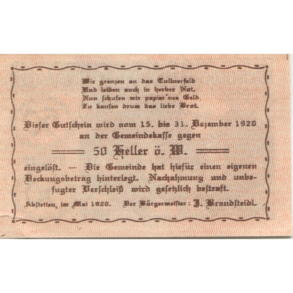 Billete, Austria, Abstetten, 50 Heller, chemin, 1920, 1920-12-31, SC, Mehl:FS 2a