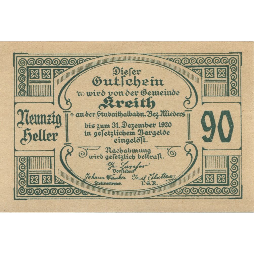 Banknote, Austria, Kreith, 90 Heller, Eglise 1920-12-31, UNC(63), Mehl:FS 471a