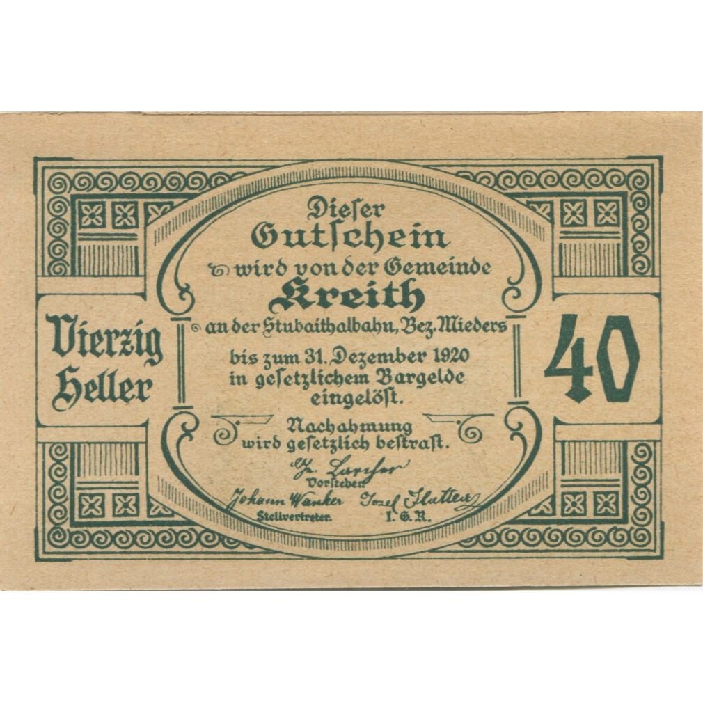 Banknote, Austria, Kreith, 40 Heller, chalet 1920-12-31, UNC(63), Mehl:FS 471a