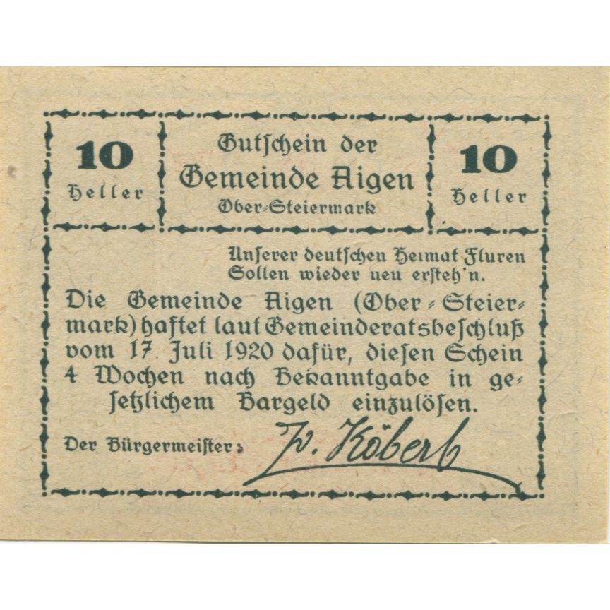 Billete, Austria, Aigen, 20 Heller, lac, 1920, 1920-07-17, SC, Mehl:FS 14e