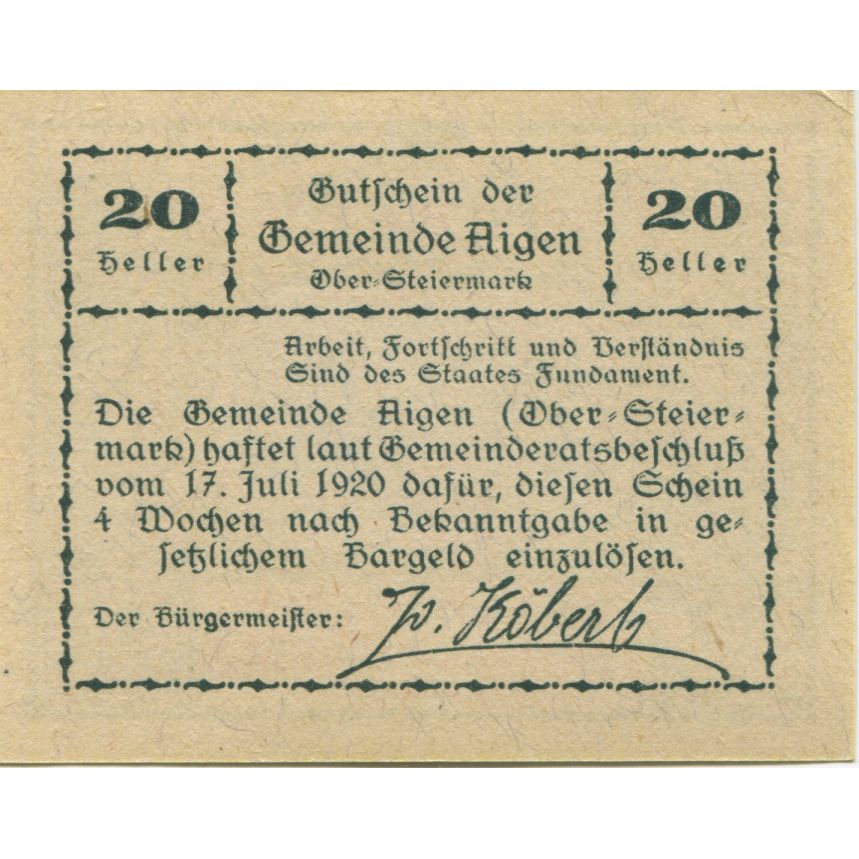 Billete, Austria, Aigen, 20 Heller, cheval, 1920, 1920-07-17, SC, Mehl:FS 14e