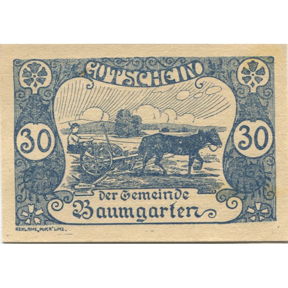 Banknote, Austria, Baumgarten, 30 Heller, champs, 1921 UNC(63) Mehl:FS 78a