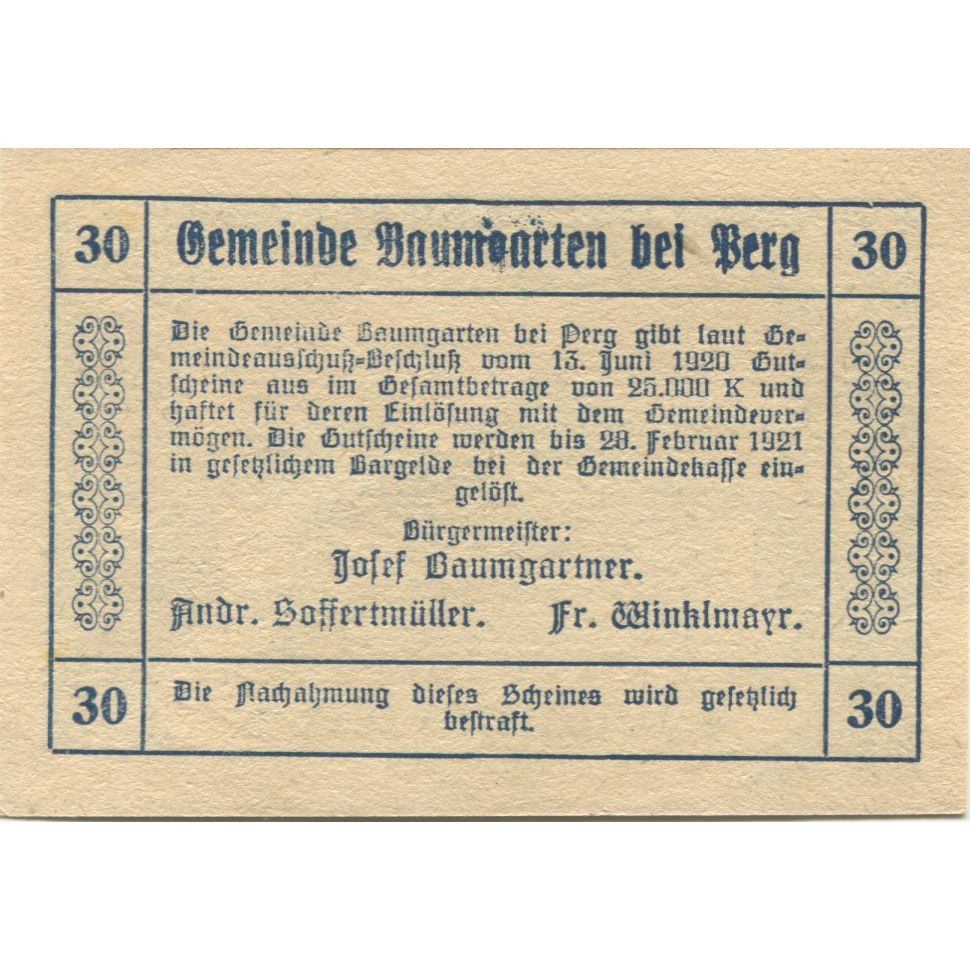 Banknote, Austria, Baumgarten, 30 Heller, champs, 1921 UNC(63) Mehl:FS 78a