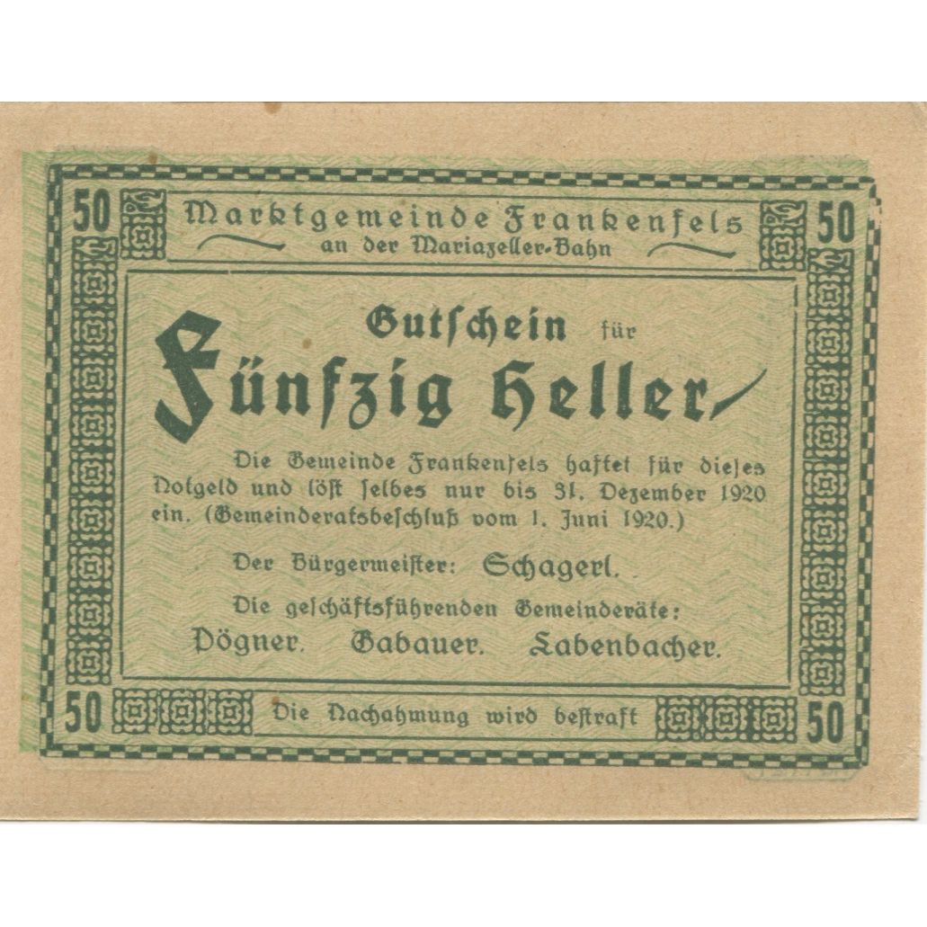 Banknote, Austria, Frankenfels 50 Heller, montagne, 1920 UNC(63) Mehl:FS 208a