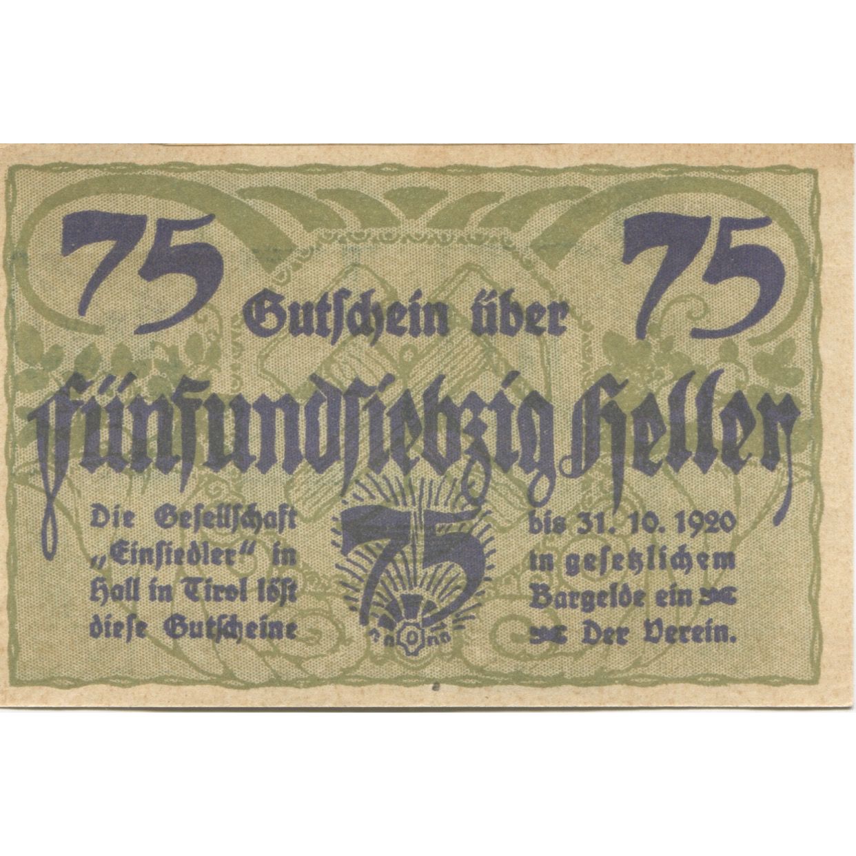 Banknote, Austria, Hall, 75 Heller, Usine 1920-10-31, UNC(63), Mehl:FS 343a