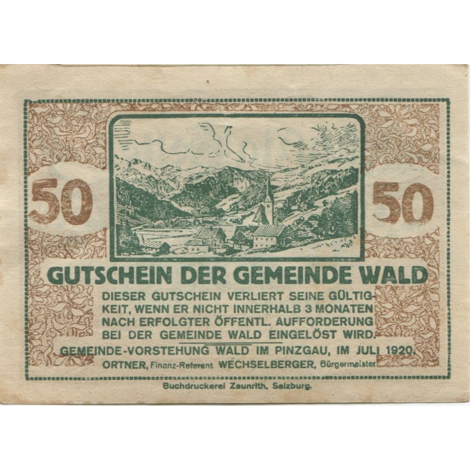 Banknote, Austria, Wald, 50 Heller, paysage, 1920, AU(55-58), Mehl:FS 1129Ia