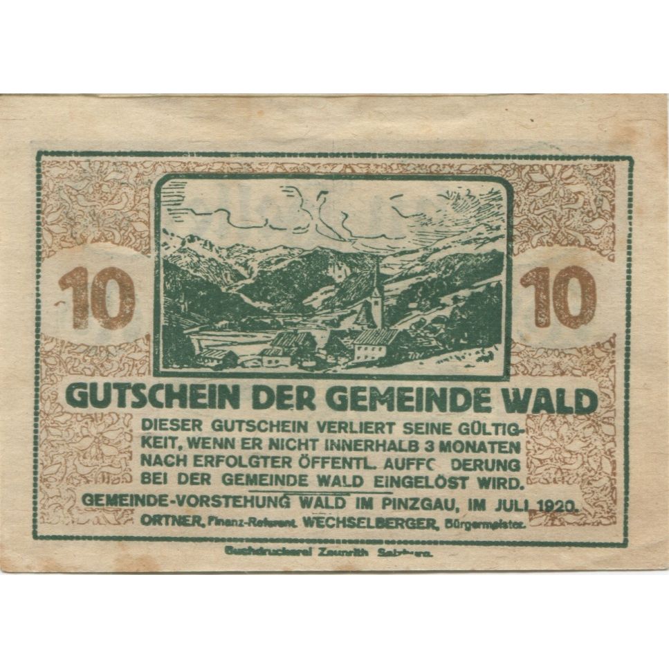Billet, Autriche, Wald, 10 Heller, village, 1920, SUP, Mehl:FS 1129Ia