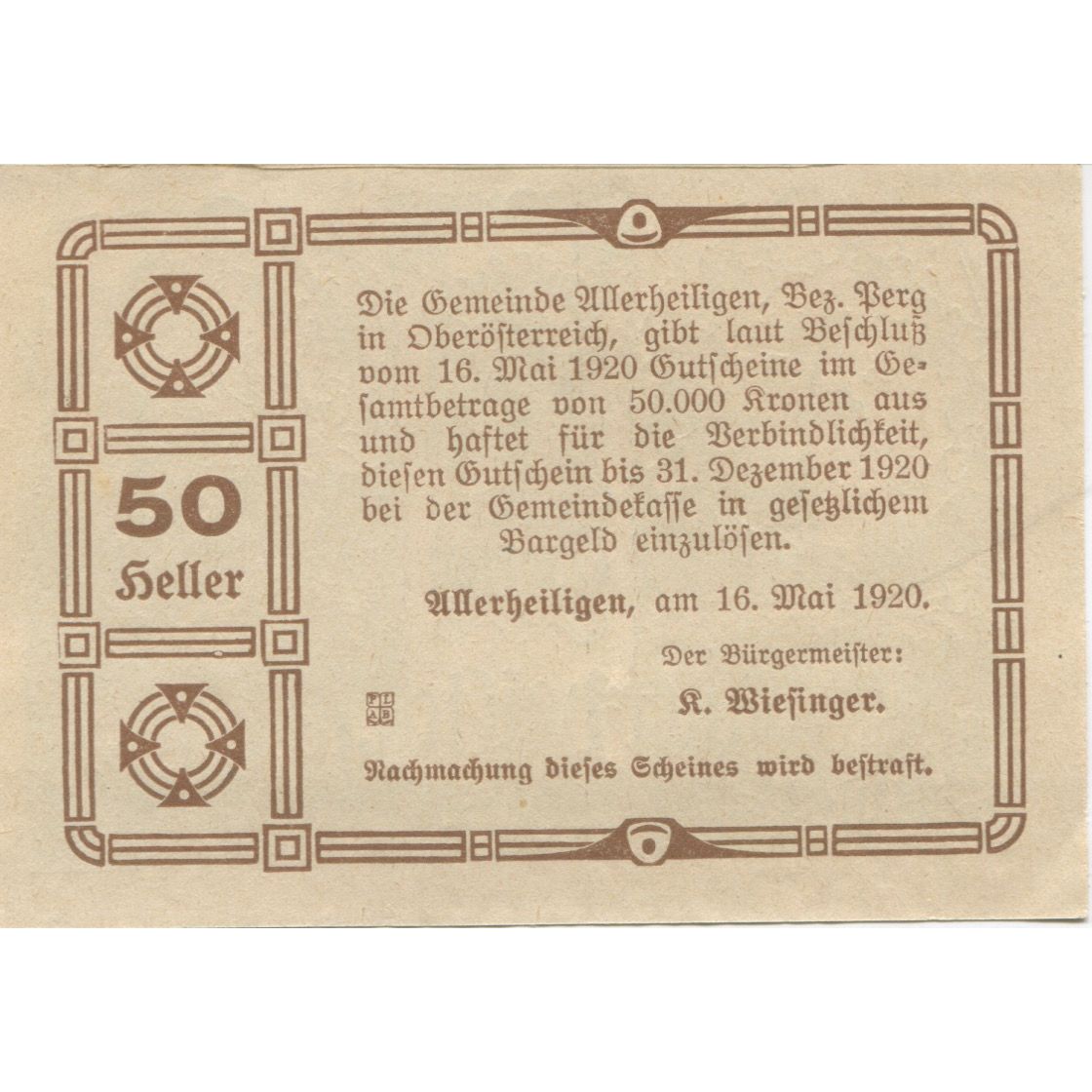 Banknote, Austria, Allerheiligen, 50 Heller, Eglise, 1920 UNC(63) Mehl:FS 21a3