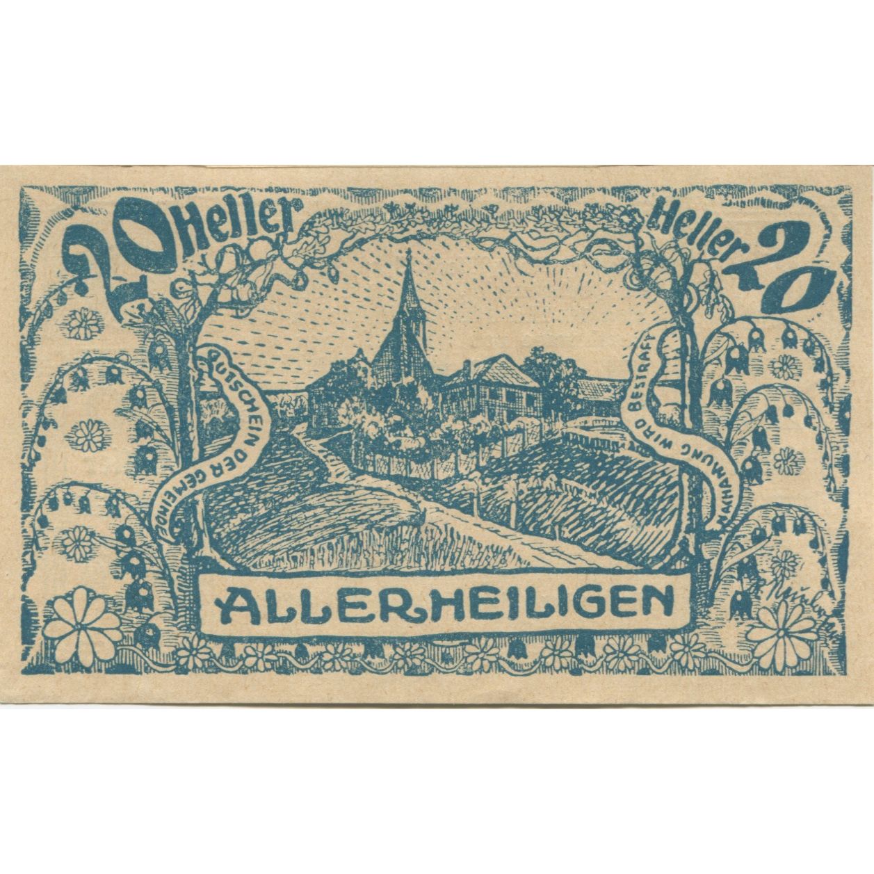 Nota, Áustria, Allerheiligen, 20 Heller, Eglise, 1920 UNC(63) Mehl:FS 21a3