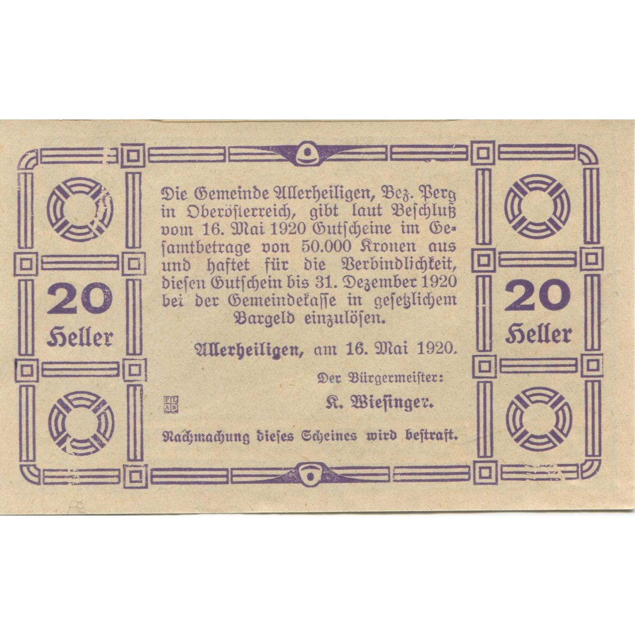 Nota, Áustria, Allerheiligen, 20 Heller, Eglise, 1920 UNC(63) Mehl:FS 21a3