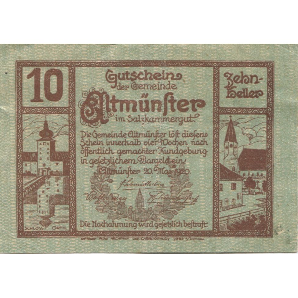 Banknot, Austria, Altmünster, 10 Heller, Eglise 1920-05-20, UNC(63) Mehl:FS 34a