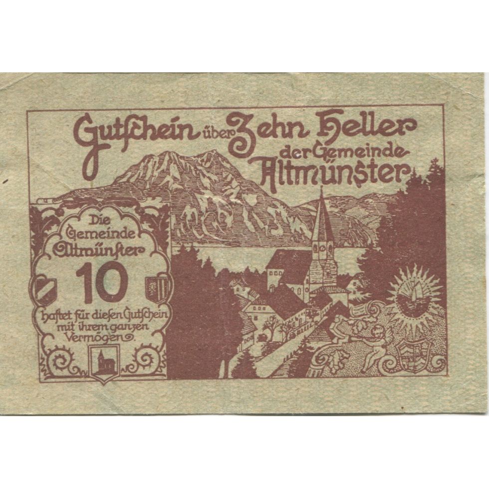 Banknot, Austria, Altmünster, 10 Heller, Eglise 1920-05-20, UNC(63) Mehl:FS 34a
