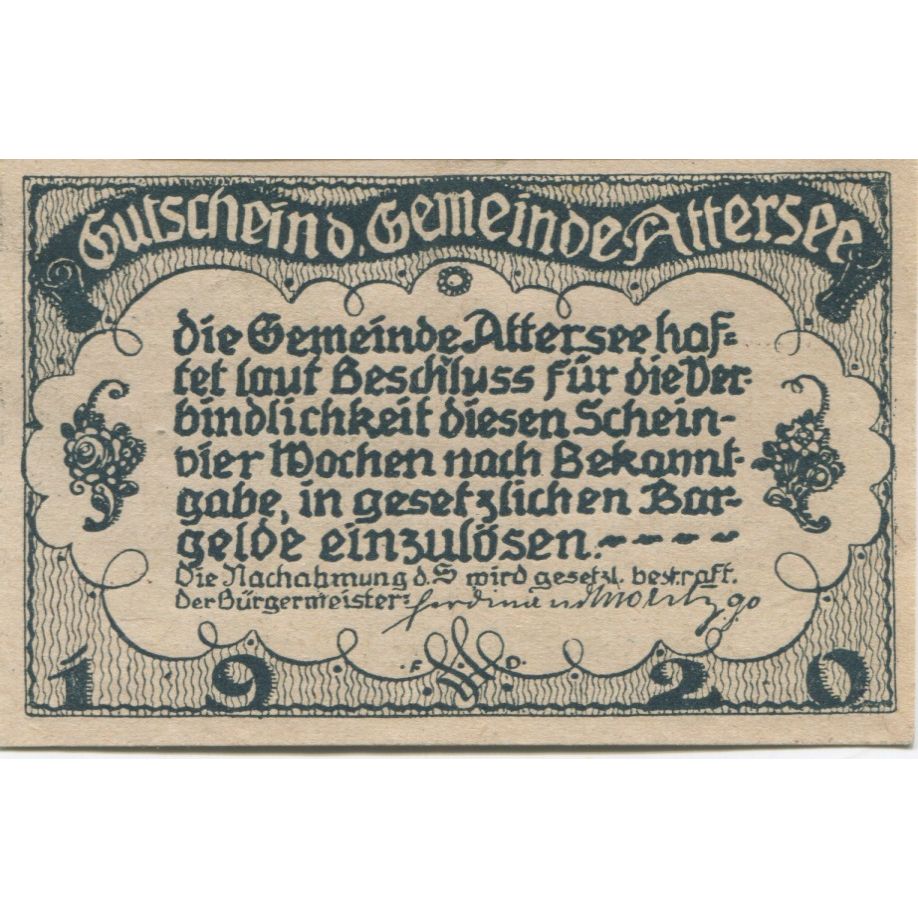Banknot, Austria, Attersee, 10 Heller, personnage, 1920, UNC(63), Mehl:FS 60a
