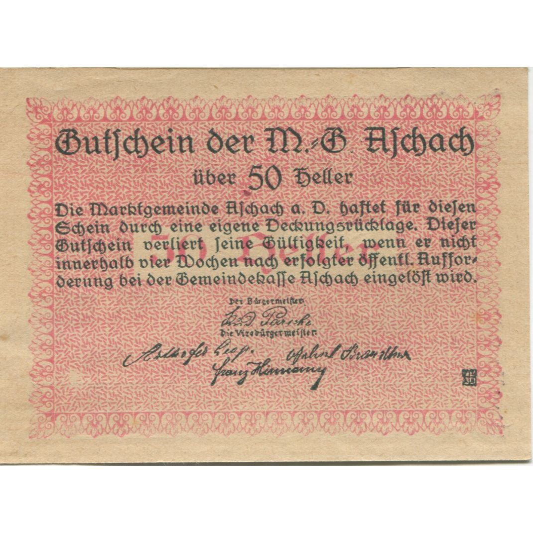 Banknot, Austria, Aschach, 50 Heller, fleuve, 1920, UNC(63), Mehl:FS 53IIb01
