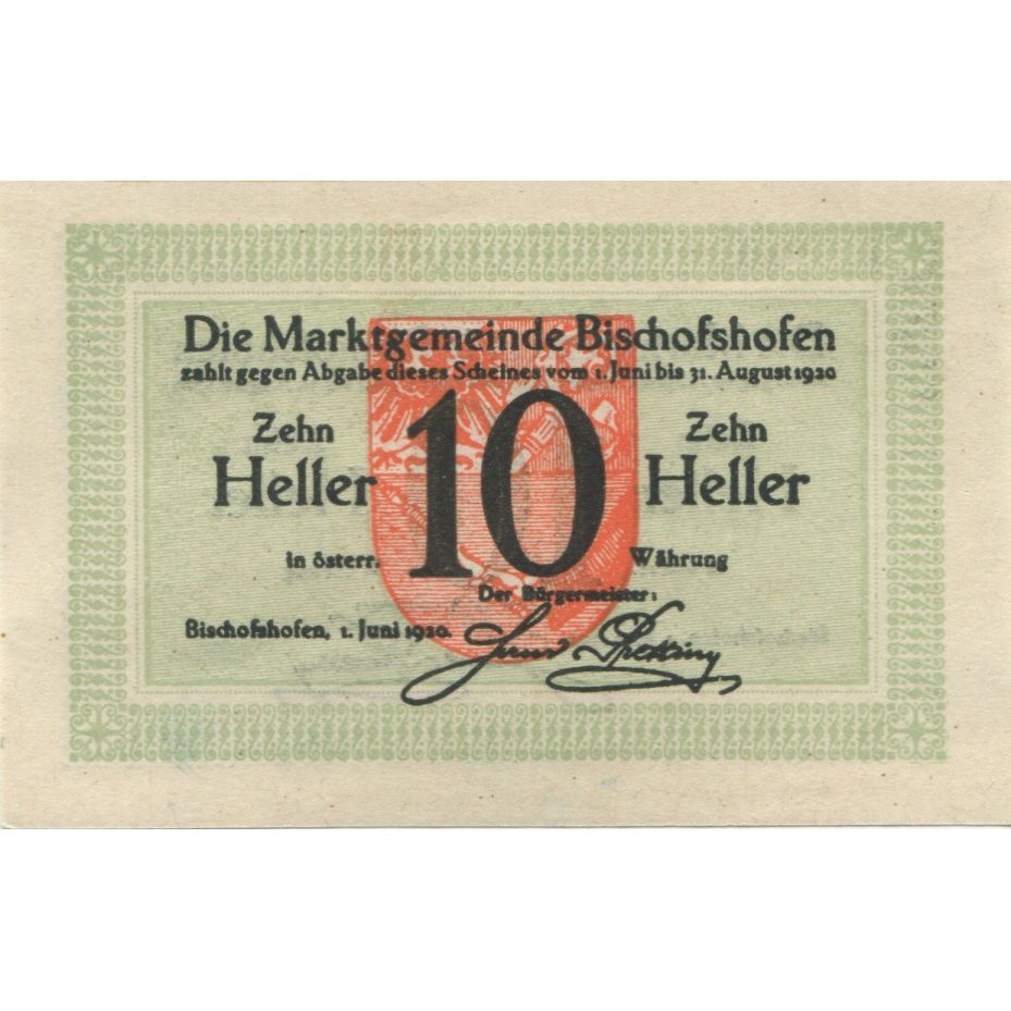 Banknote, Austria, Bischofshofen, 10 Heller, Blason, 1920 UNC(63) Mehl:FS 88a