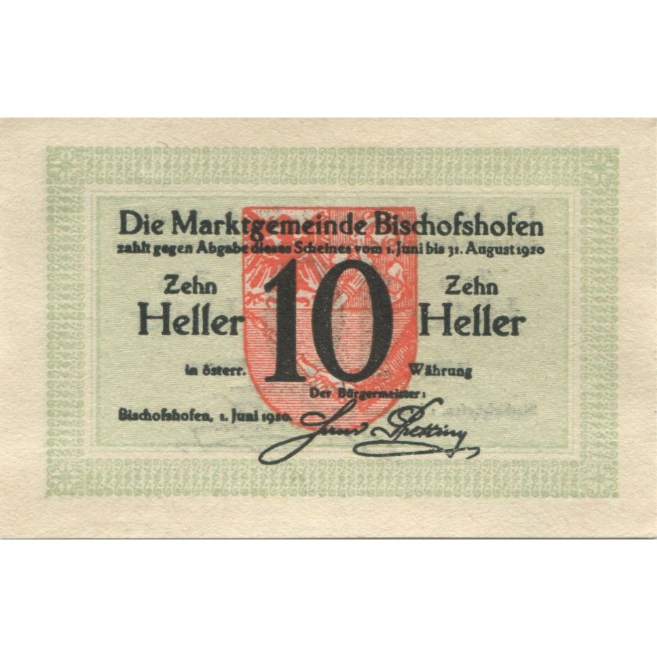 Banknote, Austria, Bischofshofen, 10 Heller, Blason, 1920 UNC(63) Mehl:FS 88a