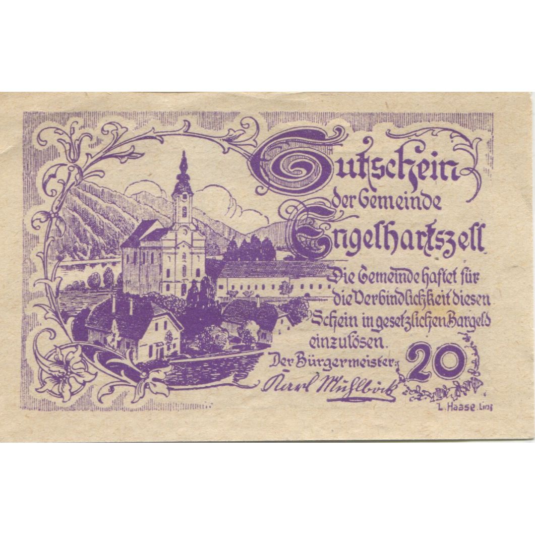 Banknot, Austria, Engelhartszell, 20 Heller, Eglise, 1920 UNC(63) Mehl:FS 172a