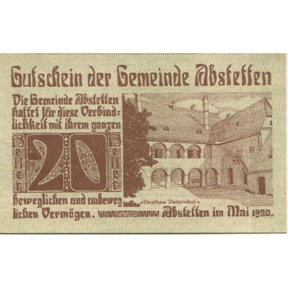 Billet, Autriche, Abstetten, 20 Heller, monastère 1920-12-31, SPL Mehl:FS 2a