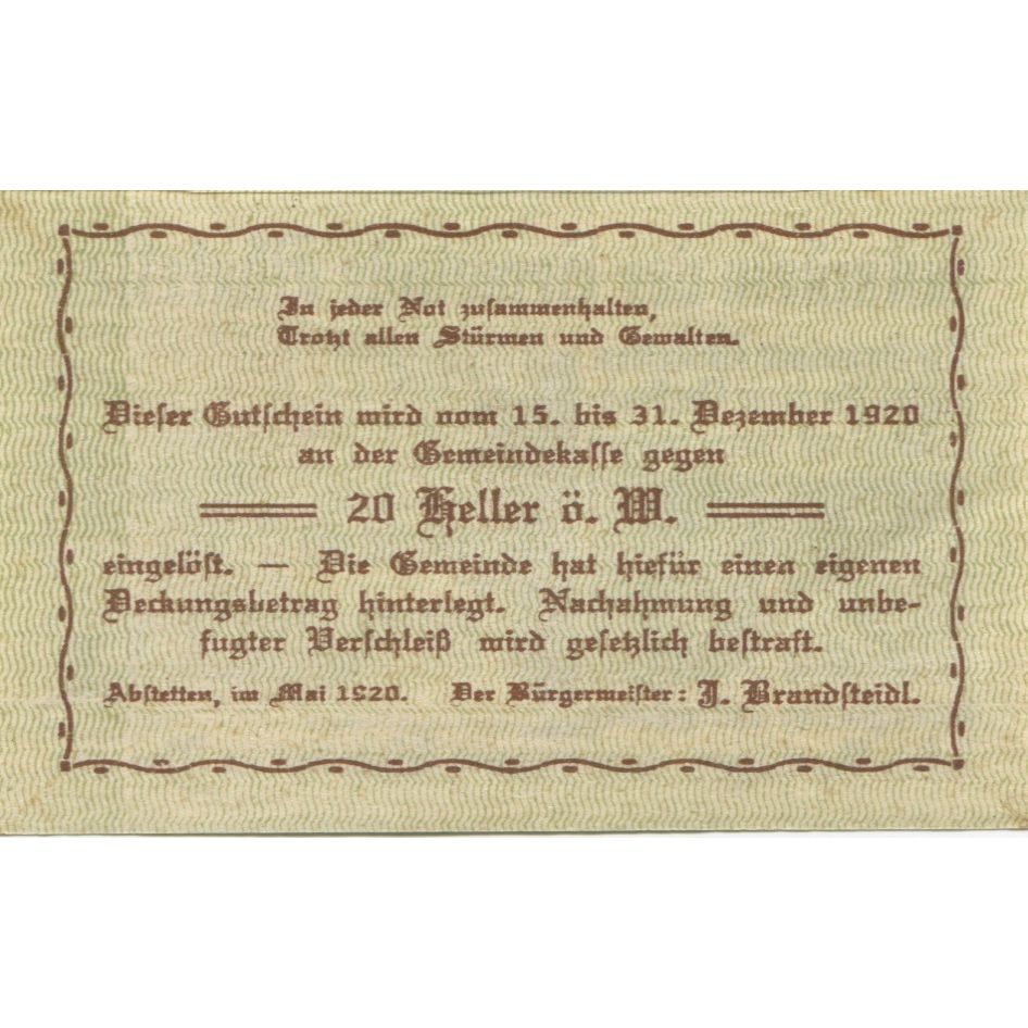 Billet, Autriche, Abstetten, 20 Heller, monastère 1920-12-31, SPL Mehl:FS 2a