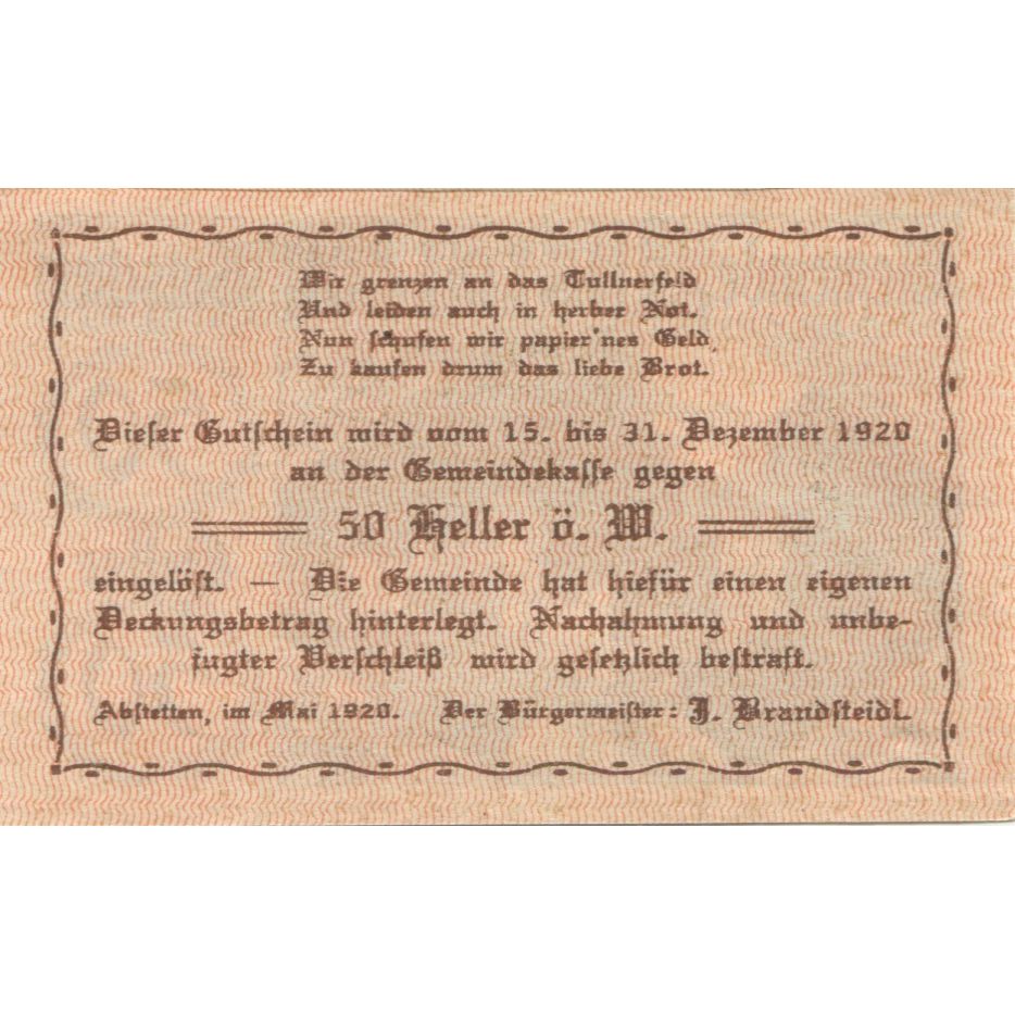 Banknot, Austria, Abstetten, 50 Heller, parchemin 1920-12-31, UNC(63) Mehl:FS 2a