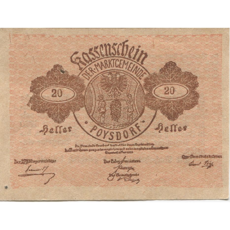 Banknote, Austria, Poysdorf, 20 Heller, Blason, 1920 UNC(63) Mehl:FS 776a1