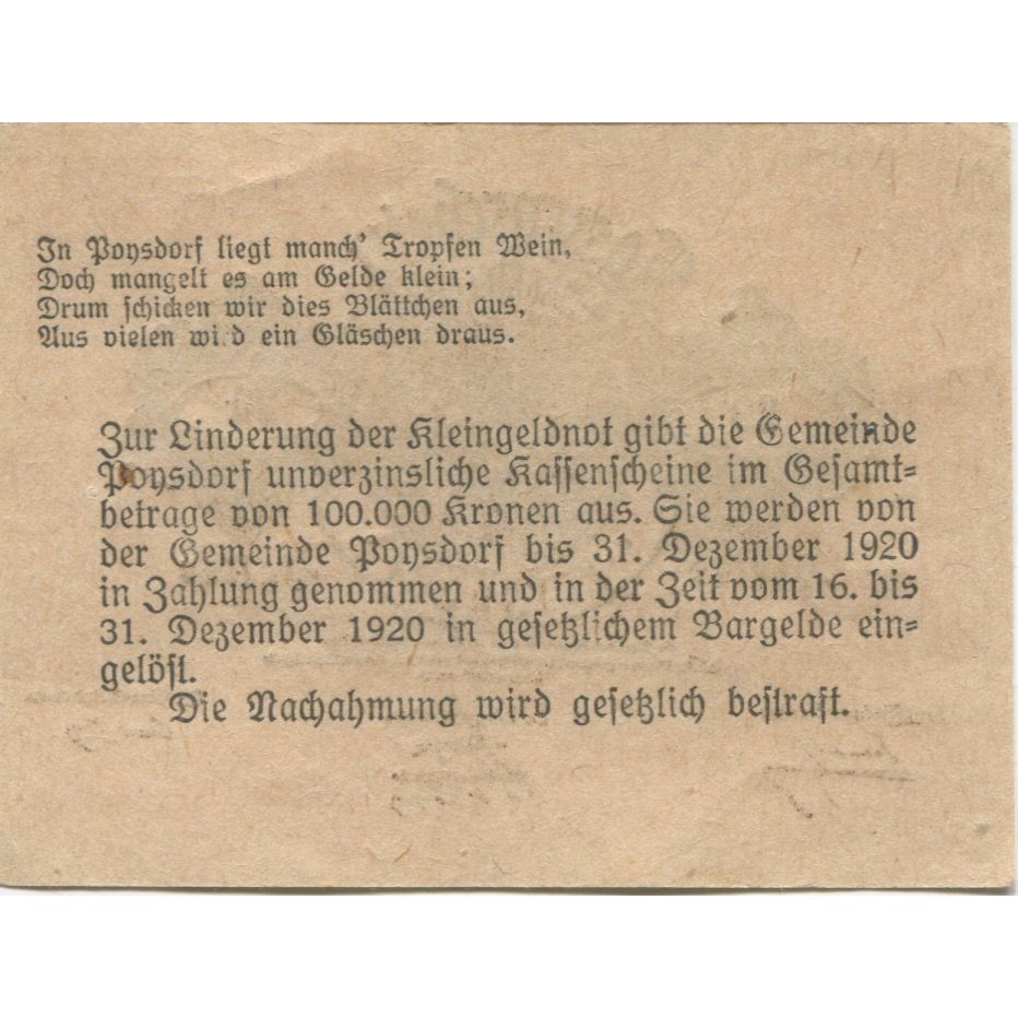 Banknote, Austria, Poysdorf, 20 Heller, Blason, 1920 UNC(63) Mehl:FS 776a1