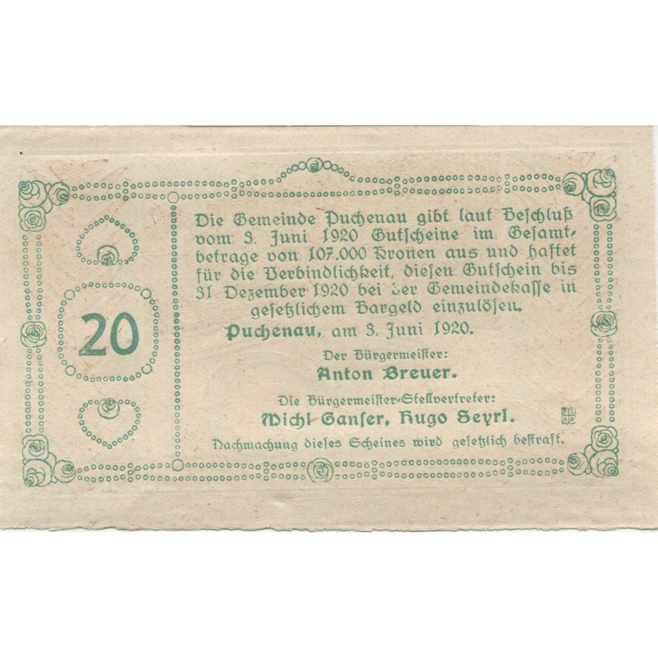 Banknote, Austria, Puchenau, 20 Heller, parc, 1920 UNC(63), Mehl:FS 788IIb