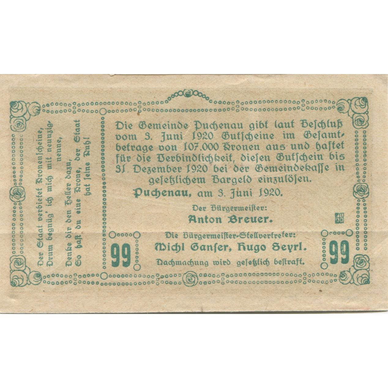 Banknote, Austria, Puchenau, 99 Heller, hibou, 1920 UNC(63) Mehl:FS 788IIb