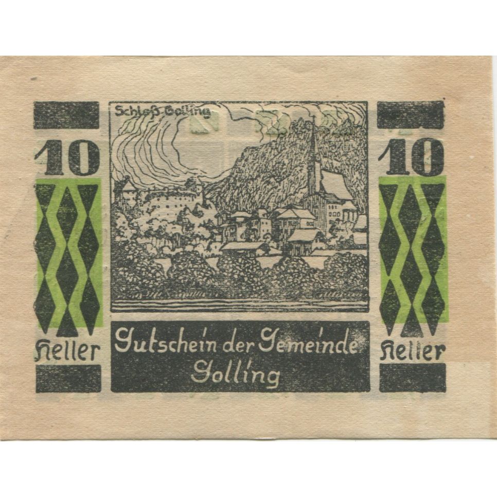 Banknote, Austria, Golling, 10 Heller, paysage, 1920 UNC(63) Mehl:FS 249