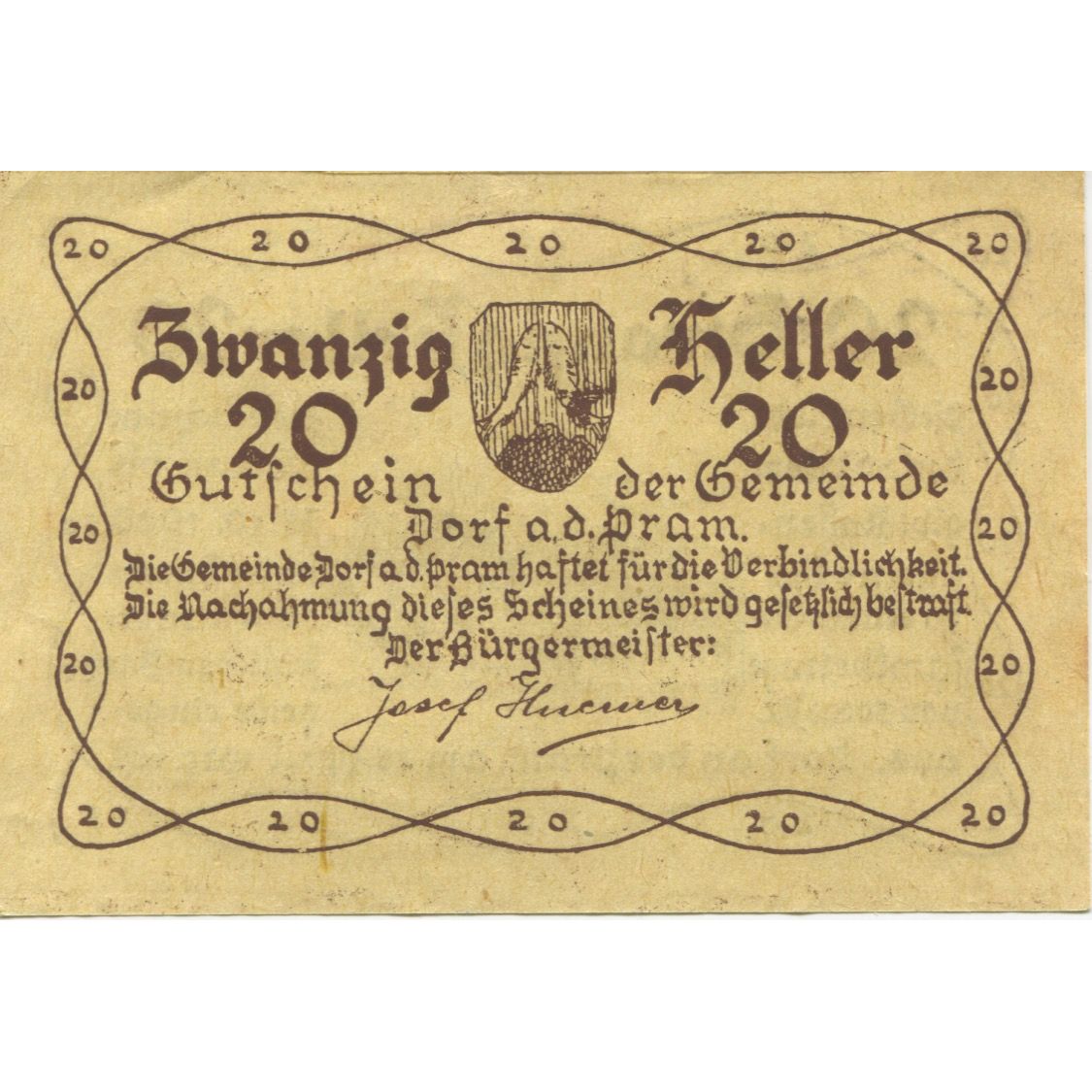 Banknote, Austria, Dorf a/d Pram, 20 Heller, château, 1920 UNC(63) Mehl:FS 129Ia