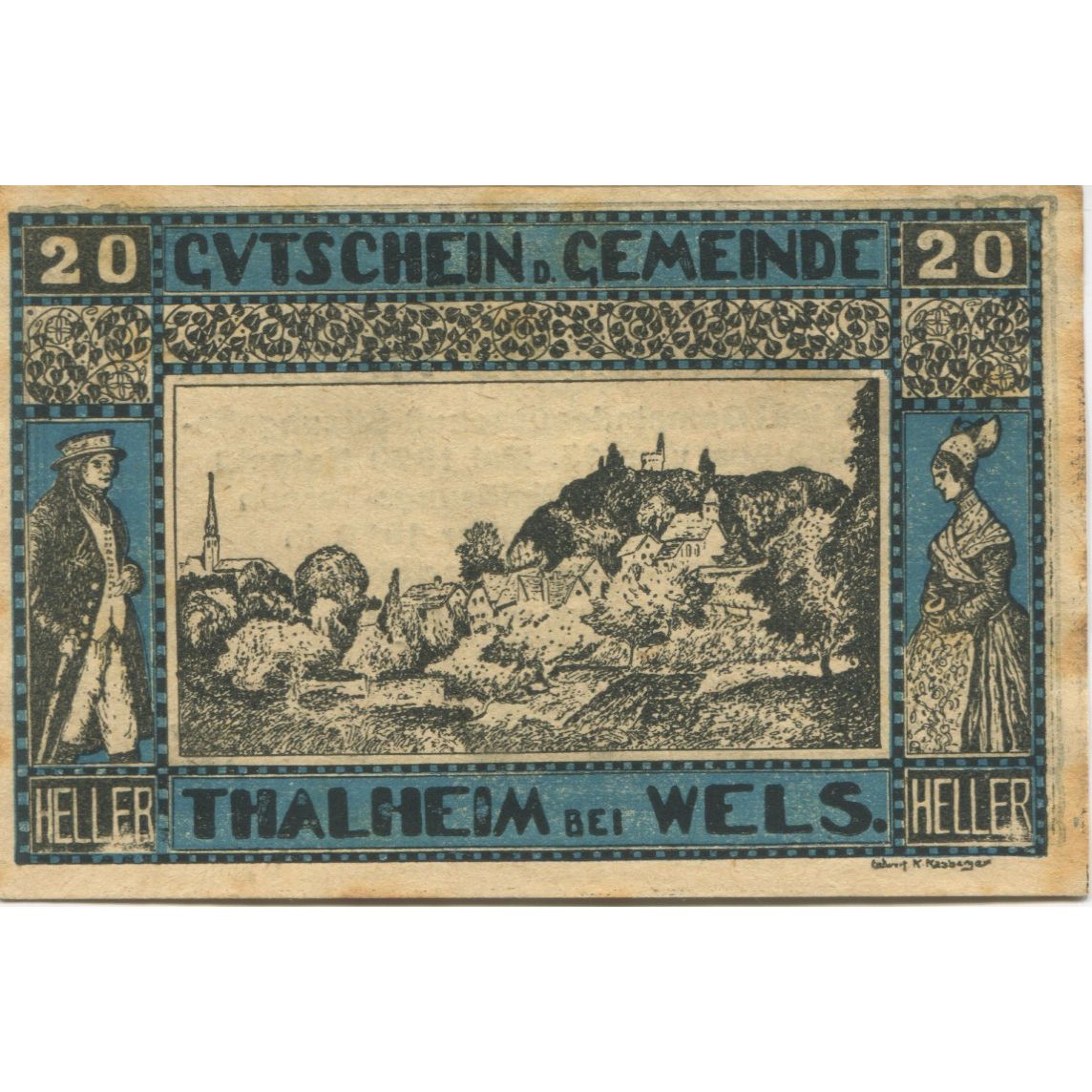 Banknot, Austria, Thalheim bei Wels, 20 Heller, montagne, 1920 SPL Mehl:FS 672