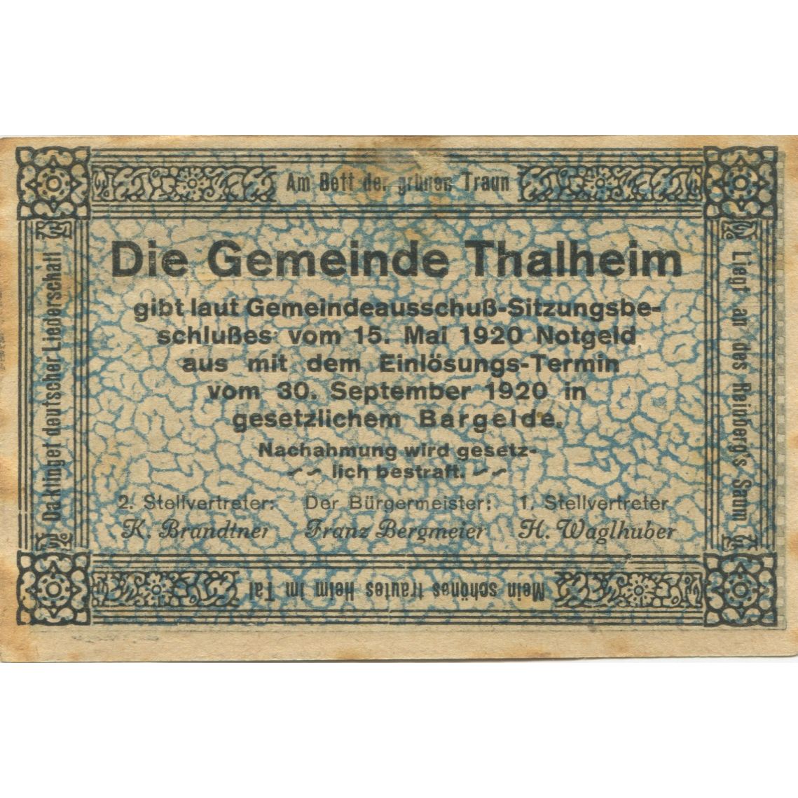 Banknot, Austria, Thalheim bei Wels, 20 Heller, montagne, 1920 SPL Mehl:FS 672
