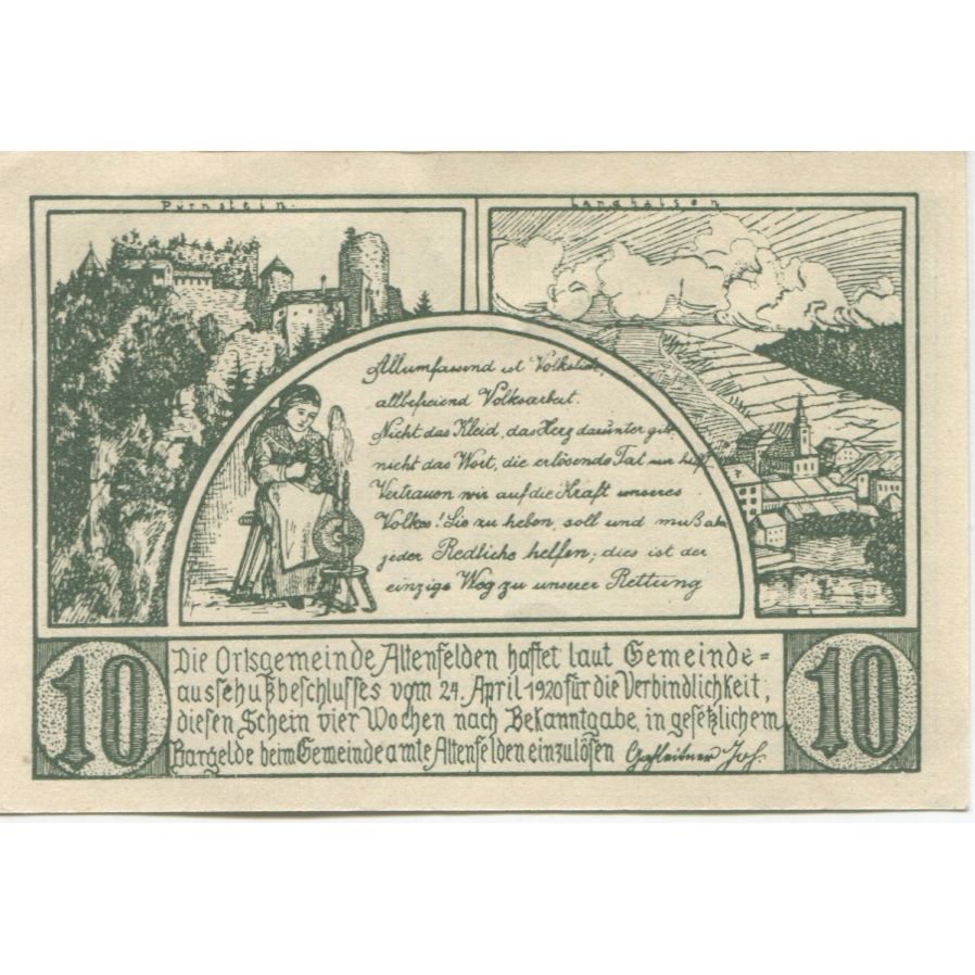 Billet, Autriche, Altenfelden, 10 Heller, château 1920-04-24, SPL Mehl:FS 27Ib